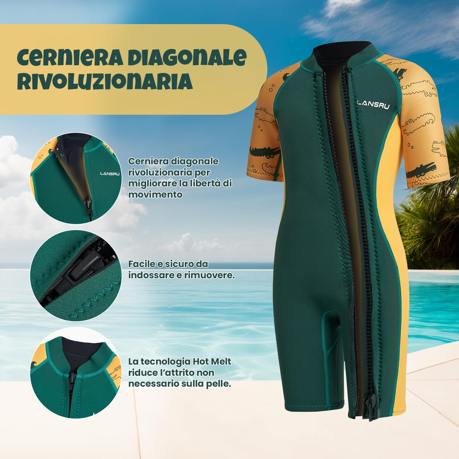 Muta in neoprene per bambini – 2,0 mm corta in neoprene per ragazzi, con chiusura lampo pionieristica, protezione UV, termica, per surf, nuoto e immersioni
