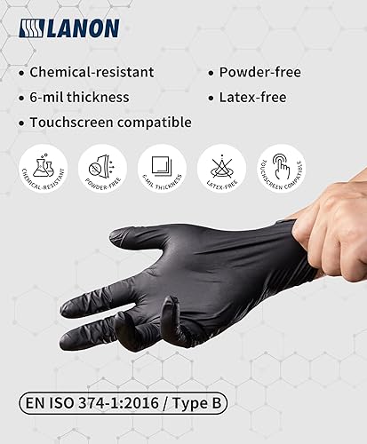 Miniatura 2 de LANON - Guantes desechables de nitrilo negro de 6 mil, resistentes a los químicos, resistentes, mecánicos, con textura, sin látex, grande