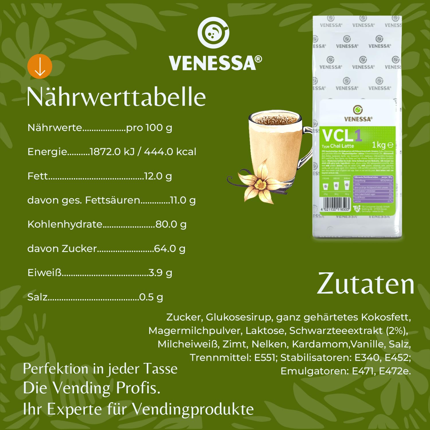 VENESSA VCL1 Chai Latte 20 x 1 kg ekonomiczne opakowanie – wysokiej jakości herbata mleczna w proszku do automatów Vending, wysoka wydajność, rozpuszczalna, w woreczku chroniącym aromat