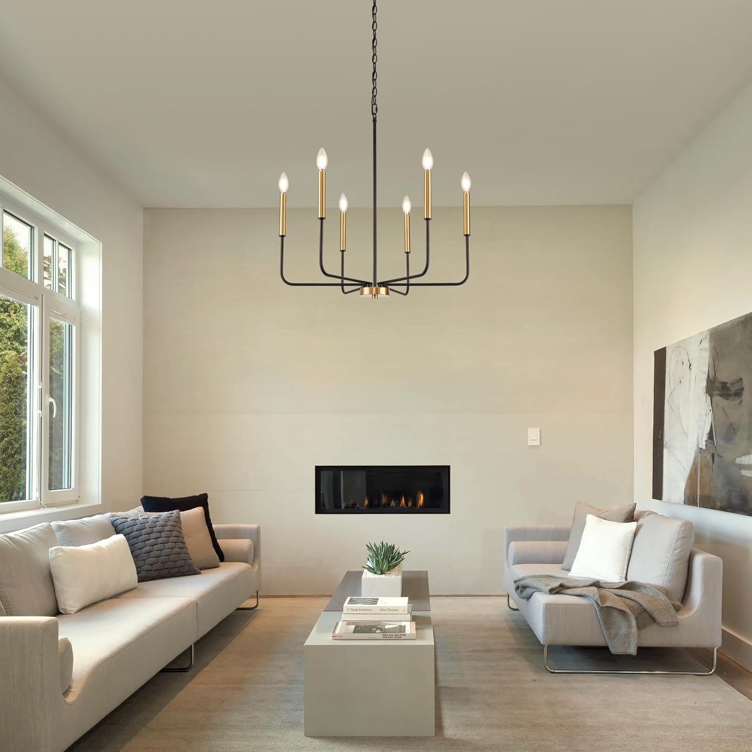 Black and Gold Chandelier, Modern Farmhouse Dining Room Light Fixture 6-Light Chandelier with Chain, Metal Hanging Lighting Fixtures Candle Dining Lights for Kitchen, Living Room, Bedroom,Foyer