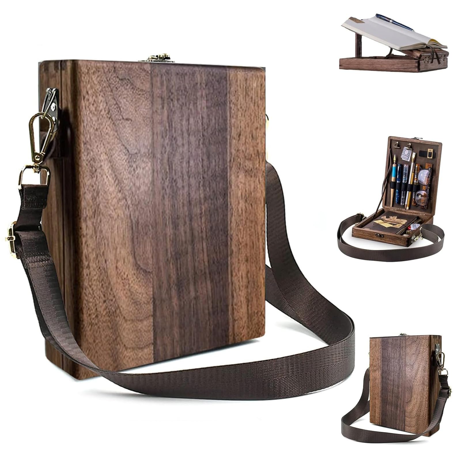 Walnut Wood Storage Box & Portable Writing Desk – Multipurpose Wooden Messenger Bag with Brass Lock for Artists, Writers, Painters