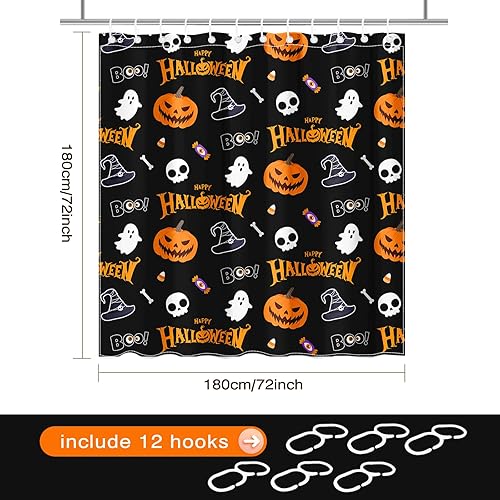 Miniatura 3 de Cortina de ducha de Halloween para baño, cortina de ducha de calabaza fantasma con calavera de caramelo para decoración de baño de Halloween, 72 x