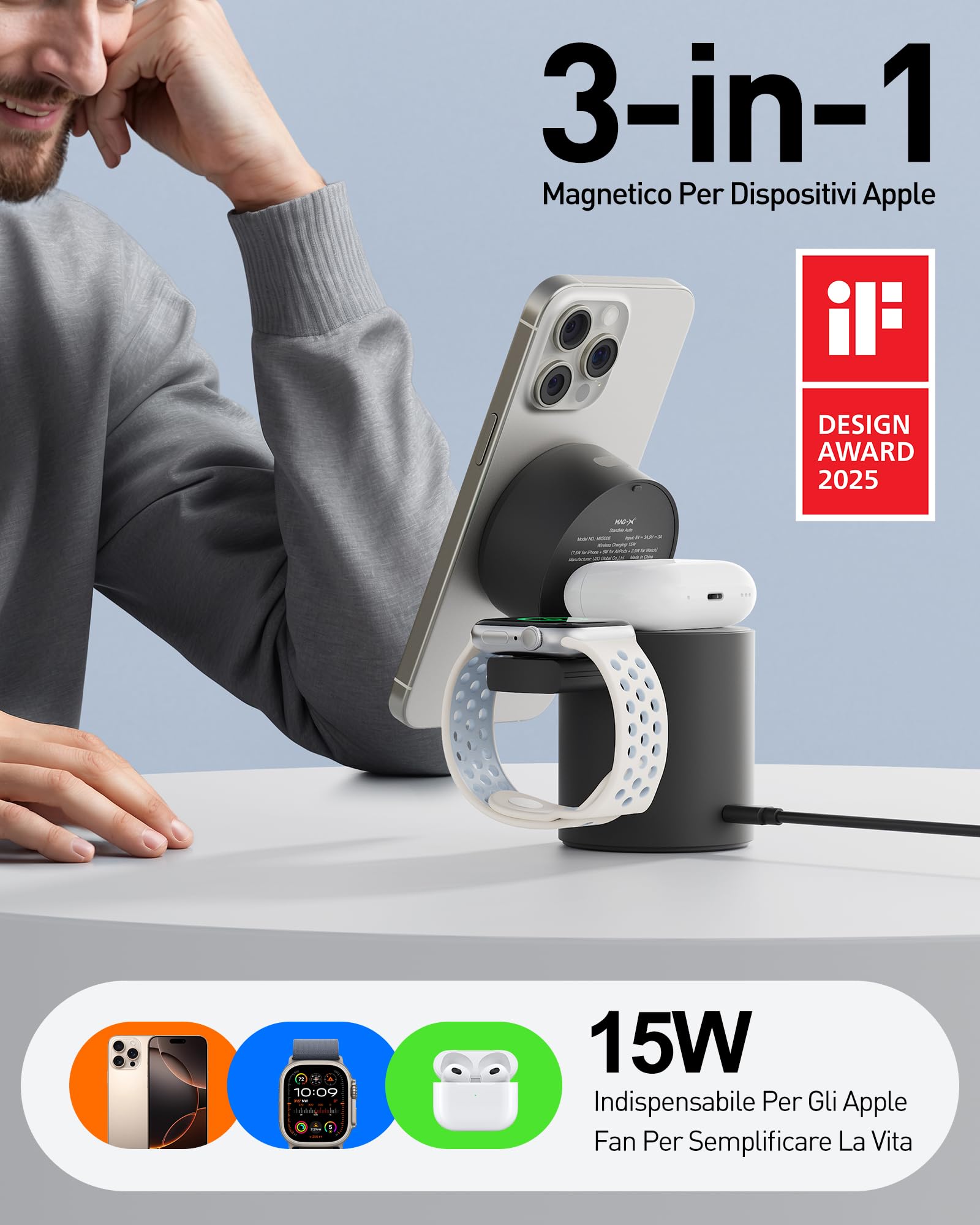 iWALK 3 In 1 Supporto Di Ricarica Wireless Con Rotazione Automatica, Stazione Di Ricarica Con Magnete, 15W Stazione Di Ricarica Wireless Pieghévole Per iPhone 16 15 14 13 12 & Apple Watch & Airpods