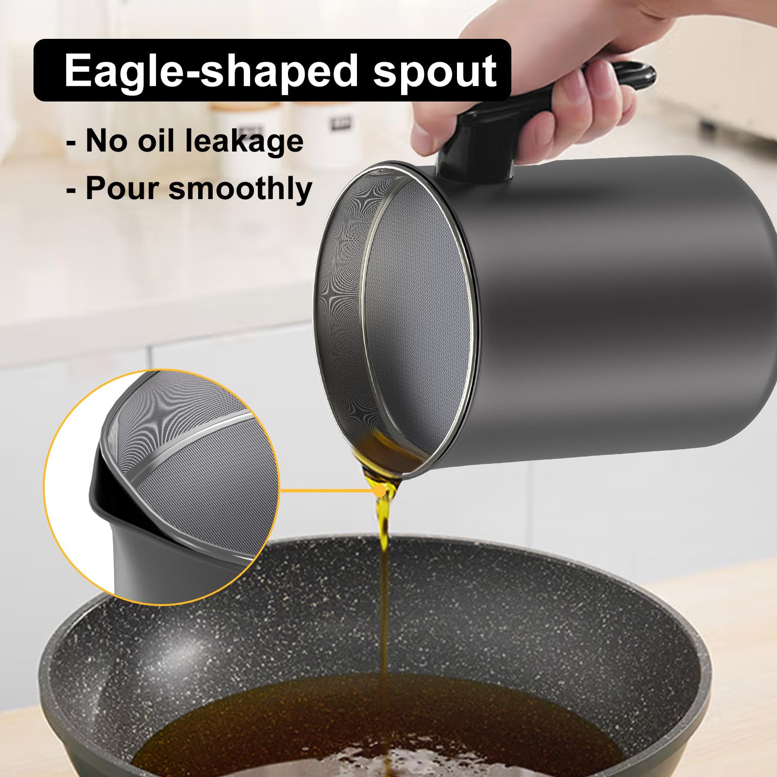 Contenitore per grasso per pancetta con filtro a maglia fine - Contenitore per olio da cucina da 1,7 l / 6,8 tazze con coperchio antipolvere rimovibile e vassoio sottobicchiere
