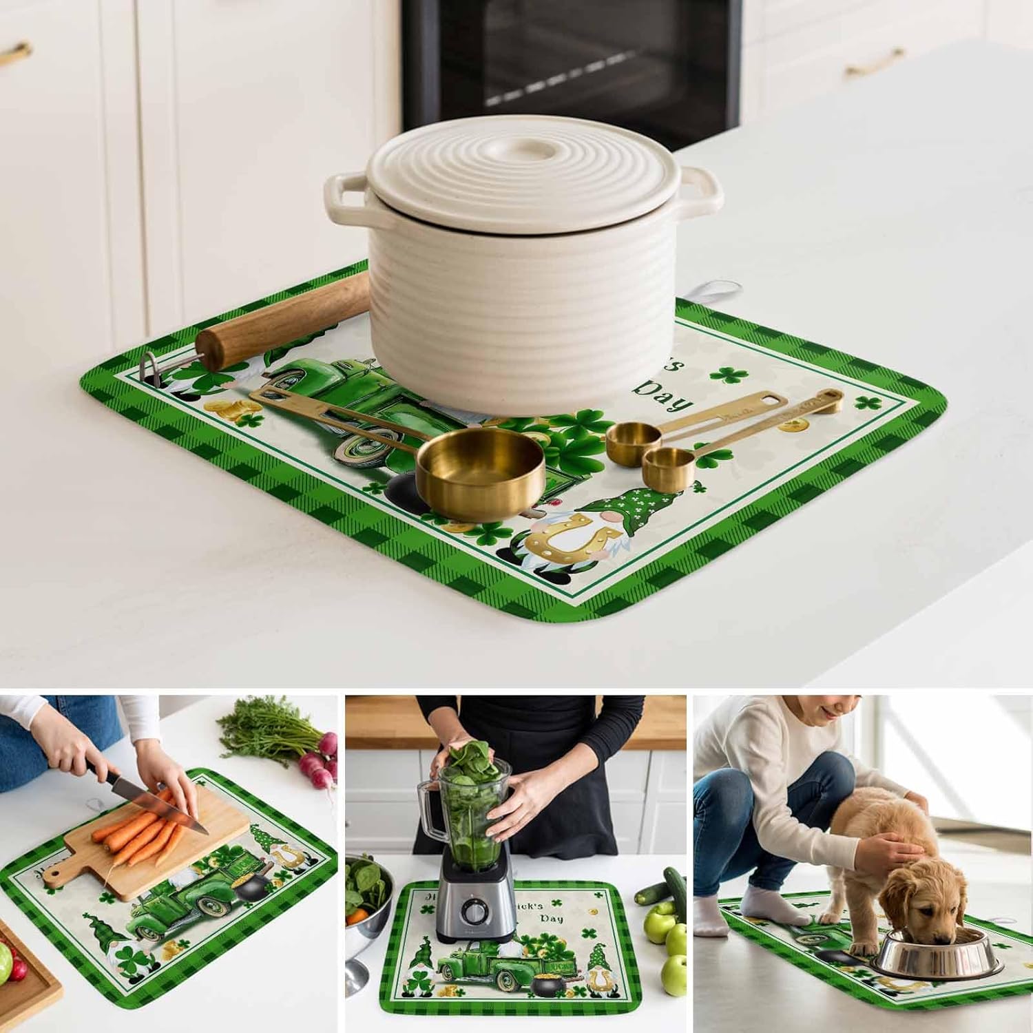Happy St. Patrick's Truck Dwarf with Clovers Dish Drying Mats for Kitchen Counter,Absorbent Microfiber Dish Drainer Rack Mat Gold Coin on Green Check Drying Pad for Sinks,Utensils,Countertops,18x24in