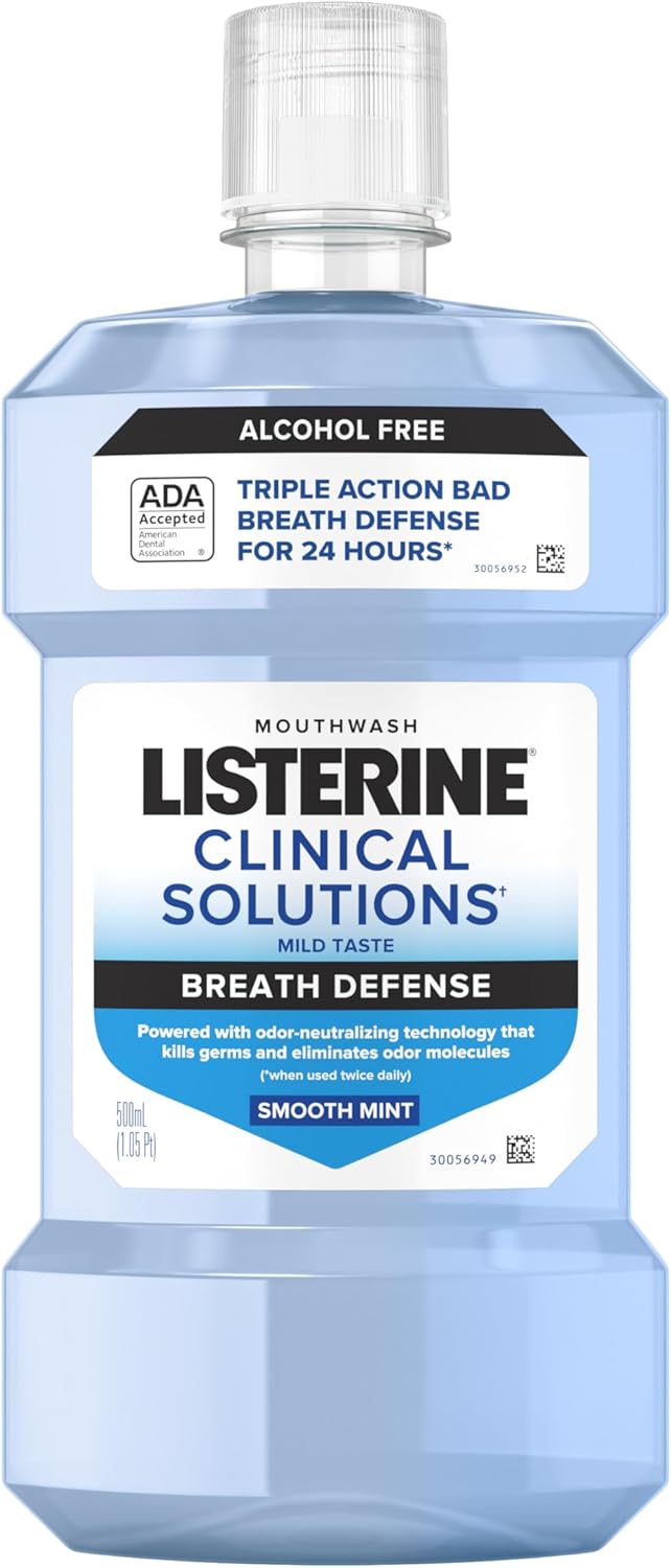 Listerine Clinical Solutions Breath Defense Alcohol-Free Mouthwash - 24Hr Bad Breath Protection, Smooth Mint, 500mL