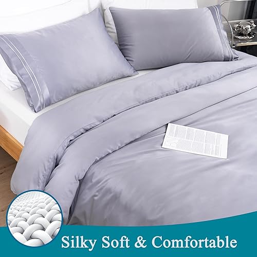 Miniatura 2 de MISERRO Funda de edredón gris tamaño Queen  Suave como la seda para el cabello y la piel, juego de funda de edredón de 3 piezas con cierre de