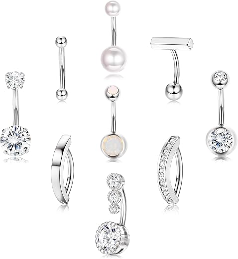 SANNIDHI® 9 Pcs Stainless Steel Body Piercing Jewelry Set, Hypoallergenic Navel &amp; Cartilage Piercings, Barbell Rings with ...