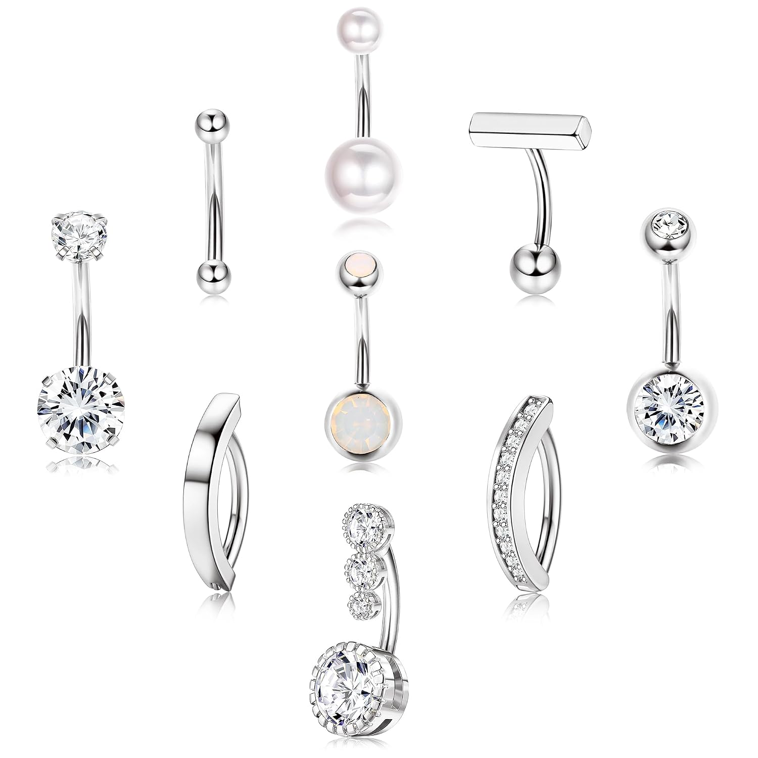 SANNIDHI® 9 Pcs Stainless Steel Body Piercing Jewelry Set, Hypoallergenic Navel & Cartilage Piercings, Barbell Rings with ...