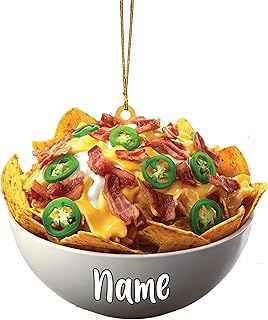 Personalized Nachos Christmas Ornament Snack Food Decor - Flat 2D Acrylic Customize Cheesy Chips Accent with Crumbled Bacon and Jalapeño Toppings and Custom Name - Unique Gift for Cook