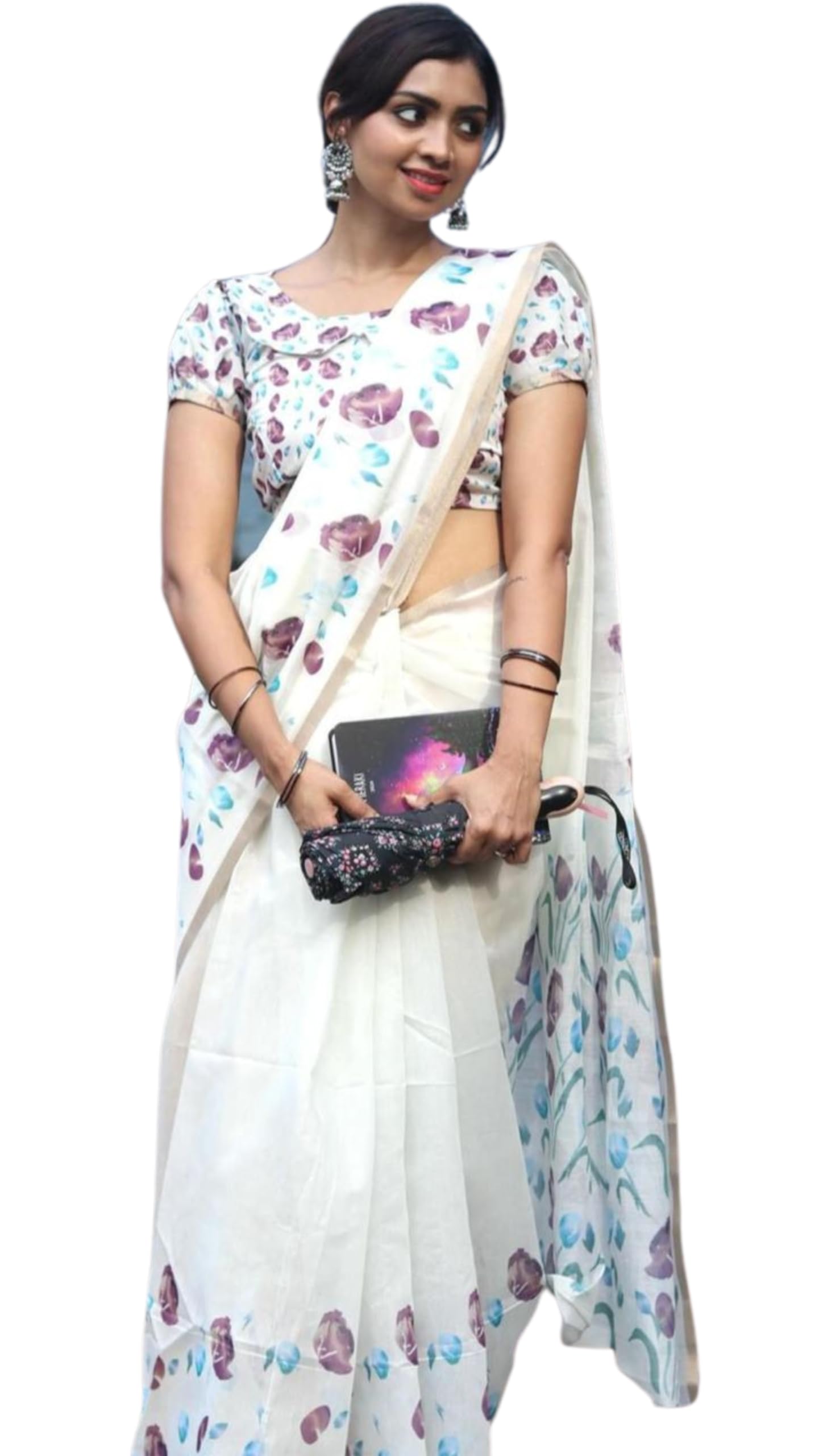 C J Enterprise Women’s Pure Soft Cotton Saree Linen For Silk Sarees Latest Party Design Wear Kalamkari Wedding Sadi With Blouse Piece Sari South Mulmul ikkat Mul Print 2025 New (Nitya White Purple)