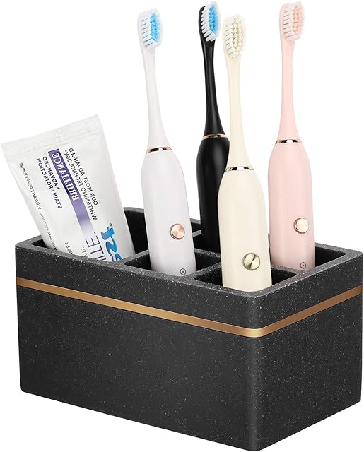 Shinowa Resin Toothbrush Holder, 5 Slots Hygienic Electric Toothbrush Holder Storage Stand Organizer for Toothbrush, Toothpaste, Razor, Gravel Black