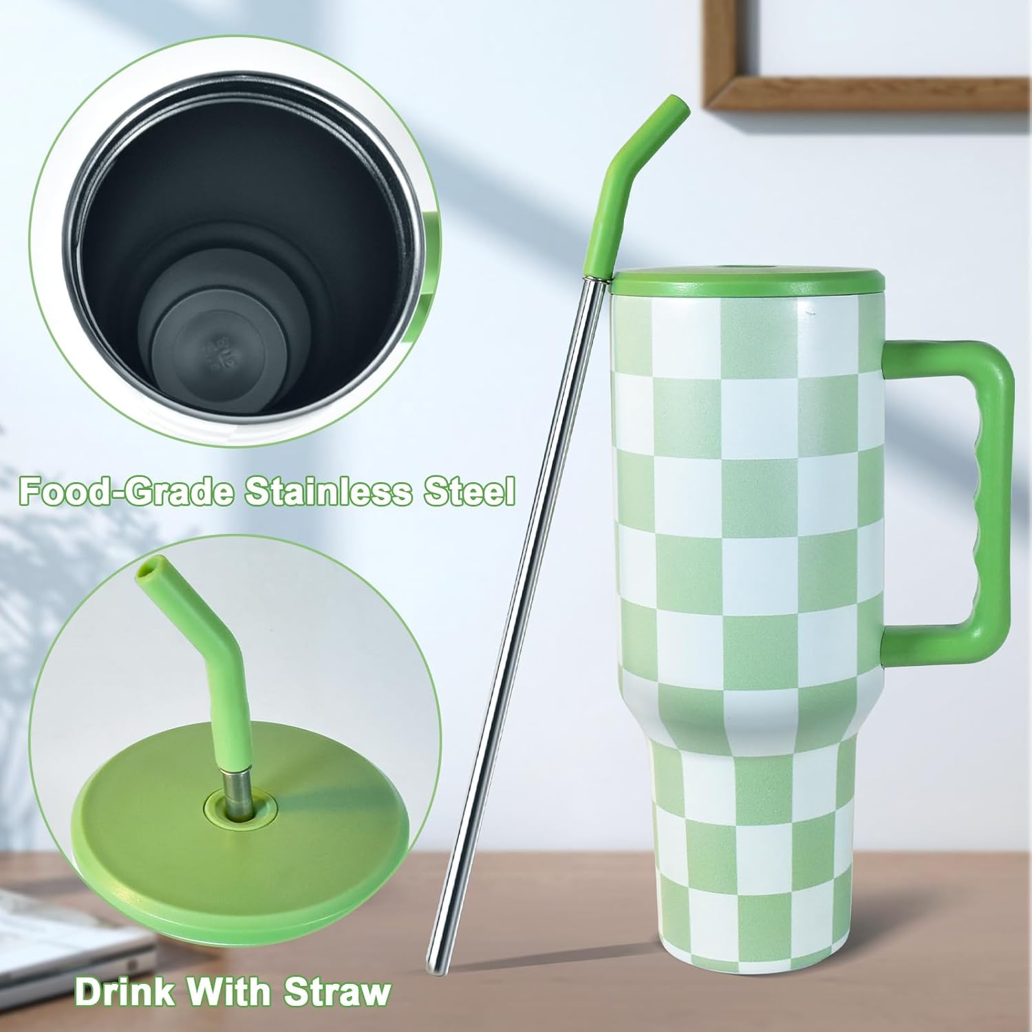 40 oz Tumbler with Handle, Checkered Insulated Tumbler Stainless Steel Vacuum Water Bottle Cup Travel Coffee Mug Gifts for Women Wife Sister Boss Lady Birthday Christmas, Green - Image 4