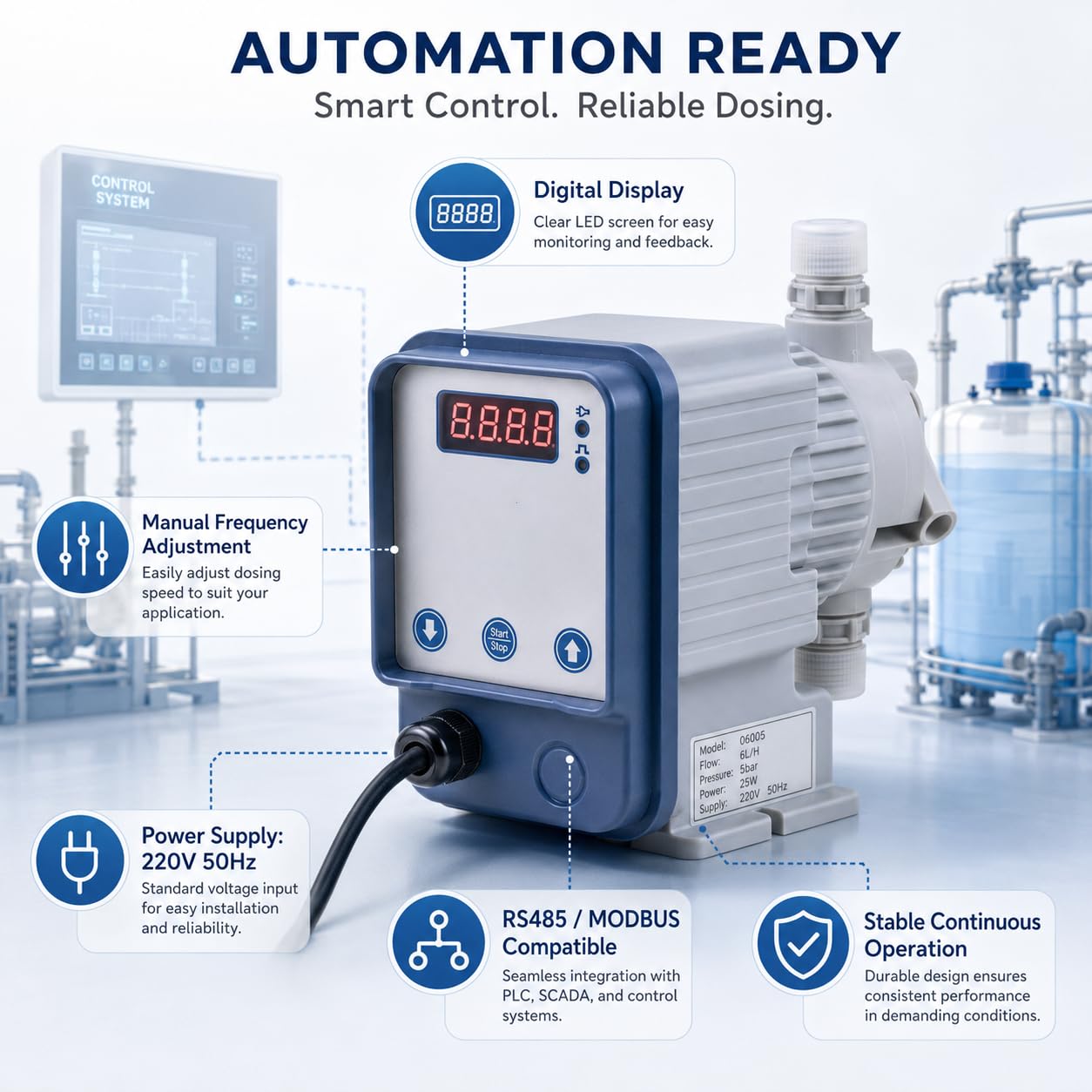 Elektromagnetische Membran-Dosierpumpe, 220 V Wechselstrom, 1-20 l/h, säurehaltige Dosierpumpe, 1-7 bar für Wasseraufbereitung, Chlordesinfektionsmittel-Inhibitor (6 l/h, 5 bar)