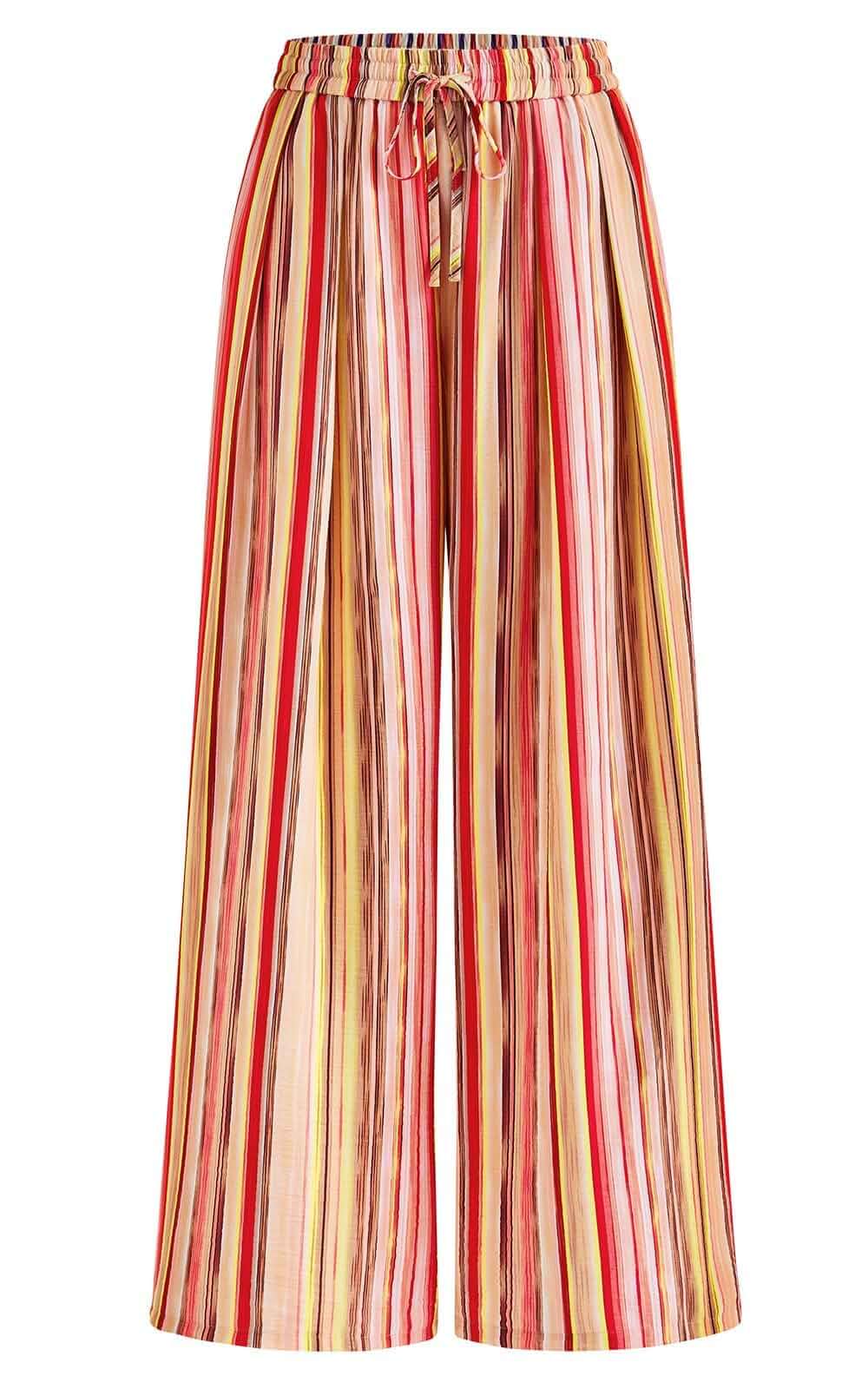 PRETTYGARDEN Womens Pants Elastic Waist Striped Lightweight Palazzo Pant Casual Lounge Wide Leg Pants Woman with Pockets, Floral Print, Gingham Textured Cute Pants, Drawstring, Flowy Summer Outfits