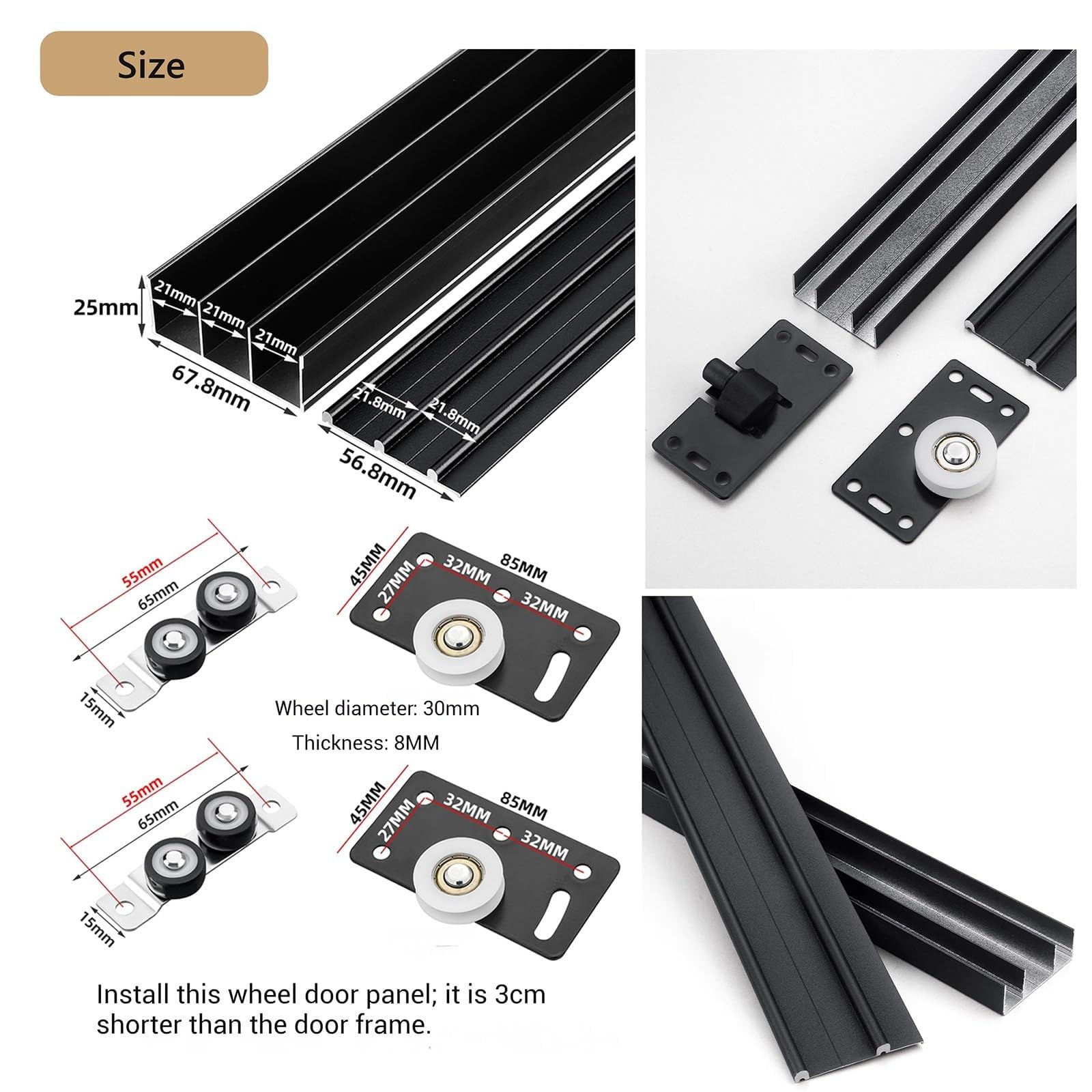 Kit de riel para puerta corredera de tres pistas, riel invisible de cierre suave, sistema deslizante sin ranuras, riel de puerta corredera de aluminio para armario, granero, baño