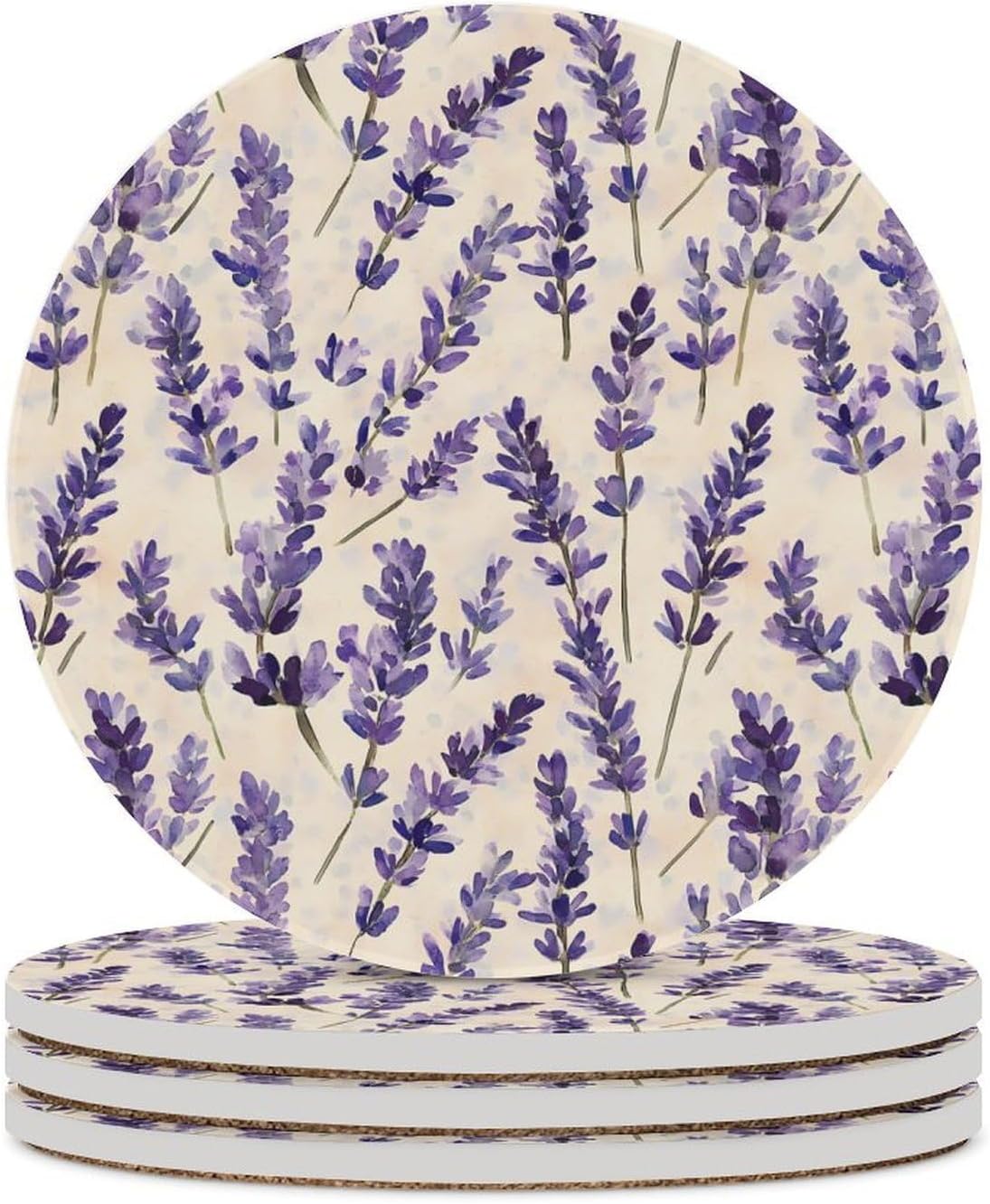 Lavender Flowers Round Ceramic Coasters Print Drinks Absorbent with Cork Base for Home Decor Gifts 4 Inch