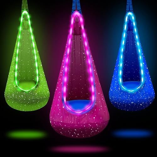 Asiento de Columpio Pod Iluminado para Niños, Silla de Columpio Hamaca Colgante para Niños con Luces LED y Almohada Inflable, Columpio Pod Sensorial