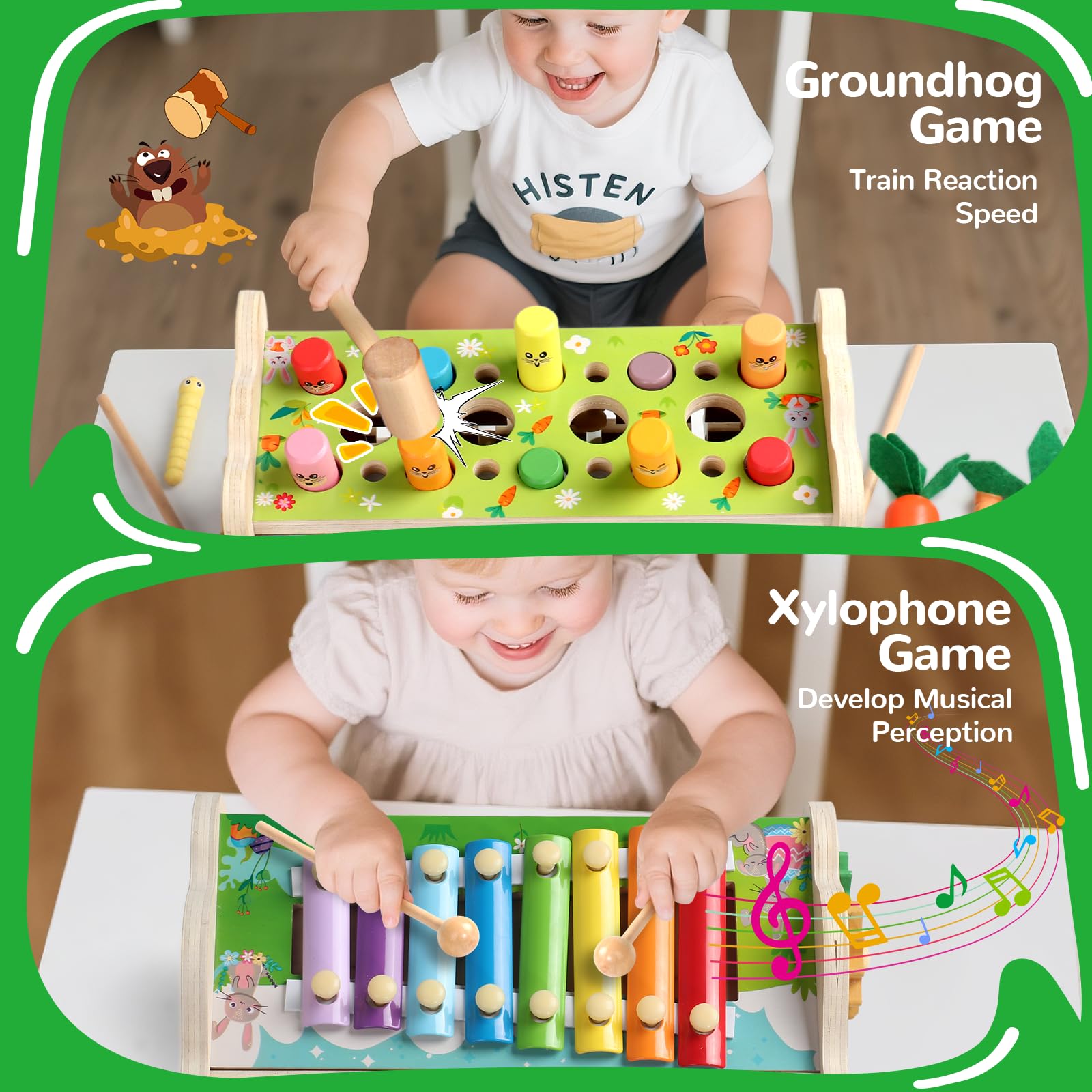 Fajiabao Jouet Bebe 1 an Montessori- 7 en 1 Jeux en Bois Educatif Jouet Enfant 1 an Jeu Marteau et Xylophone Bebe, Cueillir Les Navets, Cadeau Enfant 1 2 3 Ans Garcon Fille Anniversaire