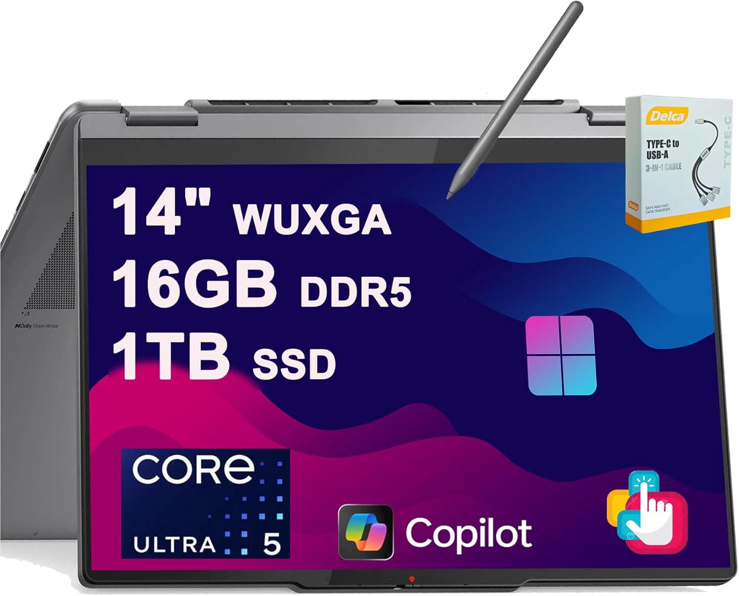 Lenovo Yoga 7 2-in-1 Laptop | 14" WUXGA OLED Touch (600nits HDR) | Intel 8-core Ultra 5 226V Up to 40 Tops (>Ryzen 5 AI 340) | 16GB DDR5 1TB SSD | Backlit Fingerprint w/Pen Win11 w/DLCA Accessory