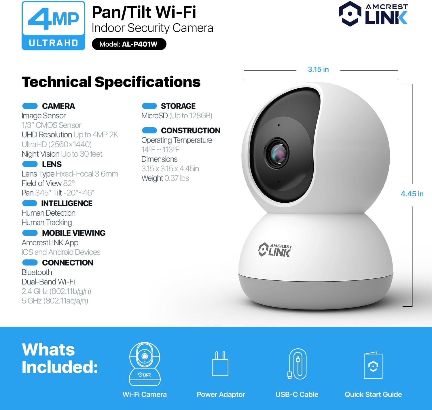 Amcrest Link 4MP WiFi Camera Indoor, Human Detection, Motion-Tracking, w/ 2-Way Audio, Pan/Tilt Wireless IP Camera (Wired Power), 30ft Night Vision, Built in Siren, AL-P401W