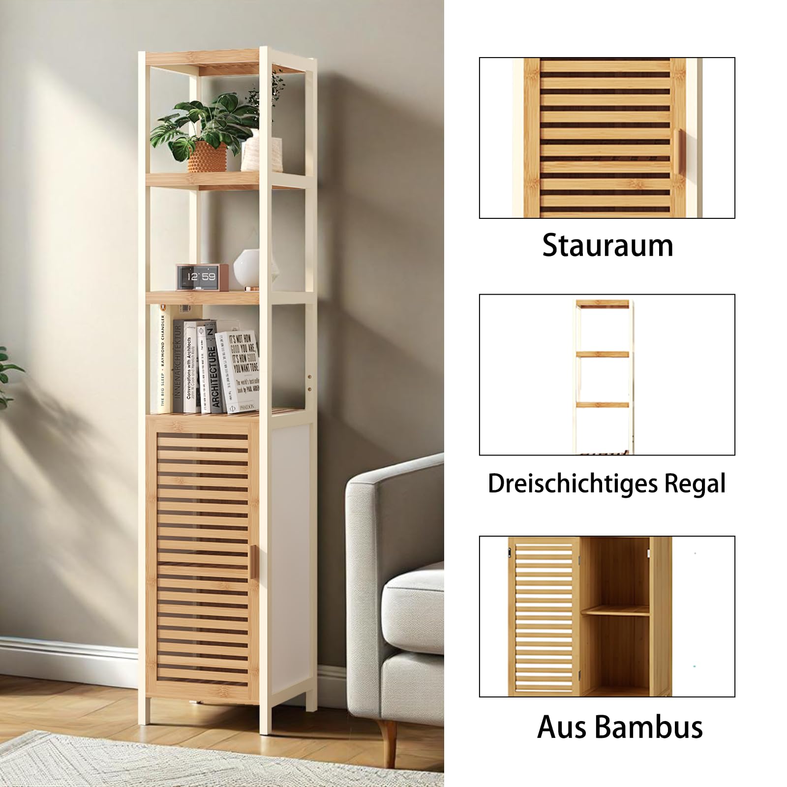 Estantería de bambú para baño con 3 compartimentos abiertos y armario, multifuncional, estantería de baño estrecha de pie con puerta, estantería de baño para pasillo, cocina, salón