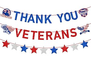 Blue Red Glitter Thank You Veterans Porch Banners and Garland for Happy...