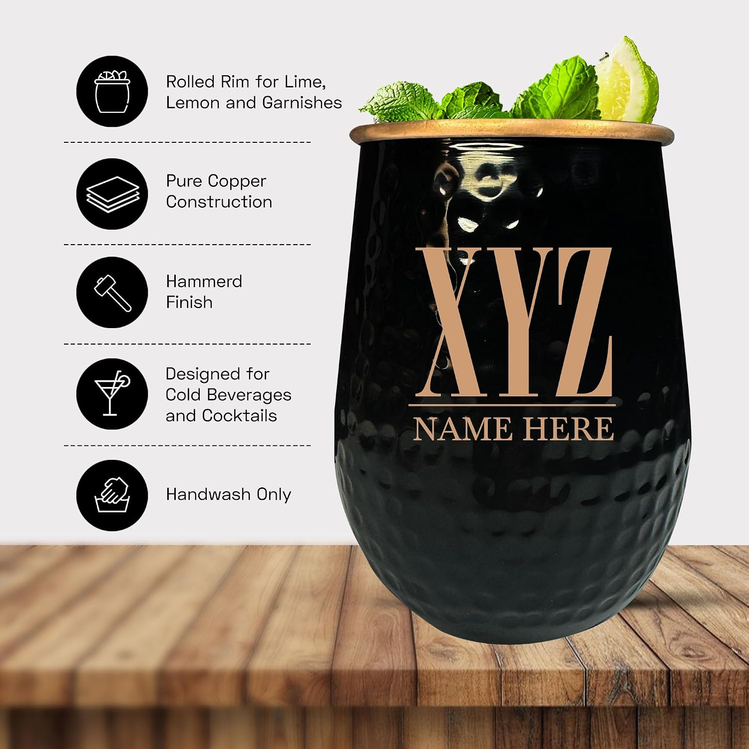 Custom The Grip Mule Pure Copper Moscow Mule Mug with Personalized Typography 3 Letters V2 Monogram Theme Engraving for the Palm of Your Hand | Cold Drinks Only | No Handle | 1 Cup | 18 Oz | Black