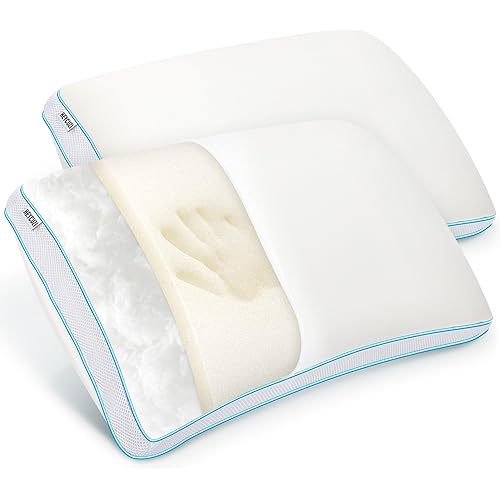 Pillows Queen Size Set of 2 for Sleeping - Fluffy Down Alternative Microfiber and Memory Foam Fill, Gusseted Soft Bed Pillow for Side,Back,and Stomach Sleepers,Breathable Hotel Pillows(Medium)