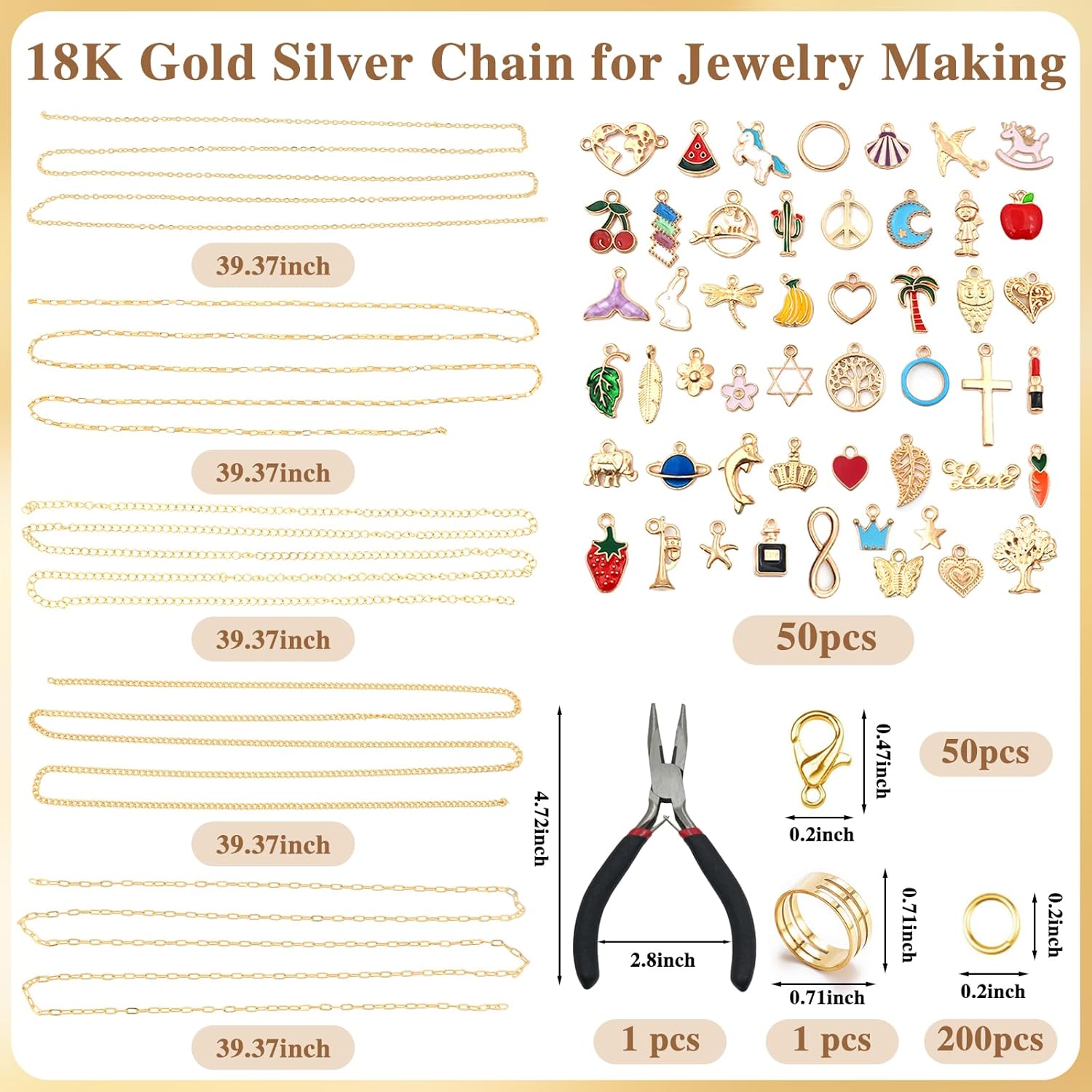 LuneClat Gold Chain Charm Bracelet Making Kit - 14K 5 Different Chains 3.28 ft, DIY Necklace Bracelets Making Accessories with Charms Pendants Jump Rings Lobster Clasps Pliers - Image 5