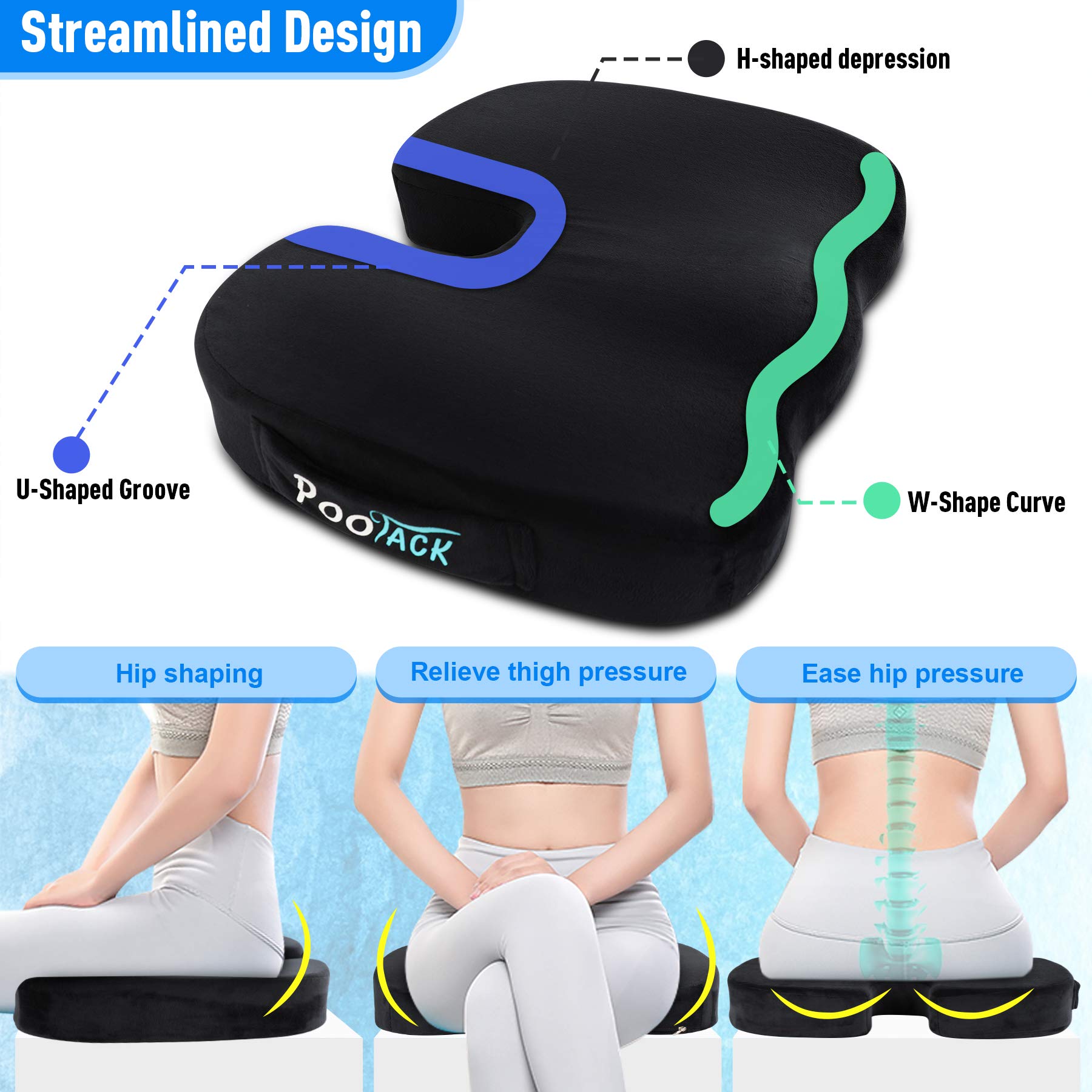 POOTACK Gel Seat Cushion for Office Chair, Memory Foam Ergonomics