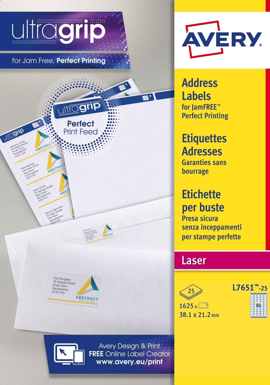 JamFREE, Printable, Address Labels, Customisable, 63.5 x 38.1 mm, White, 65 Labels per Sheet, 1625 Blank Labels per Pack (L7651-25)