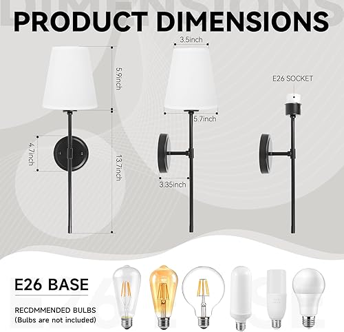 Miniatura 2 de CANMEIJIA Juego de 2 apliques de pared modernos negros, apliques de pared industriales para dormitorio, lámparas de pared con pantalla de tela,