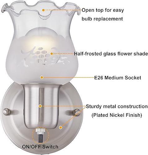 Miniatura 2 de GRUENLICH Aplique de pared de 1 luz, accesorio de iluminación de tocador de baño con interruptor de encendidoapagado, base E26 de 60 W máximo,