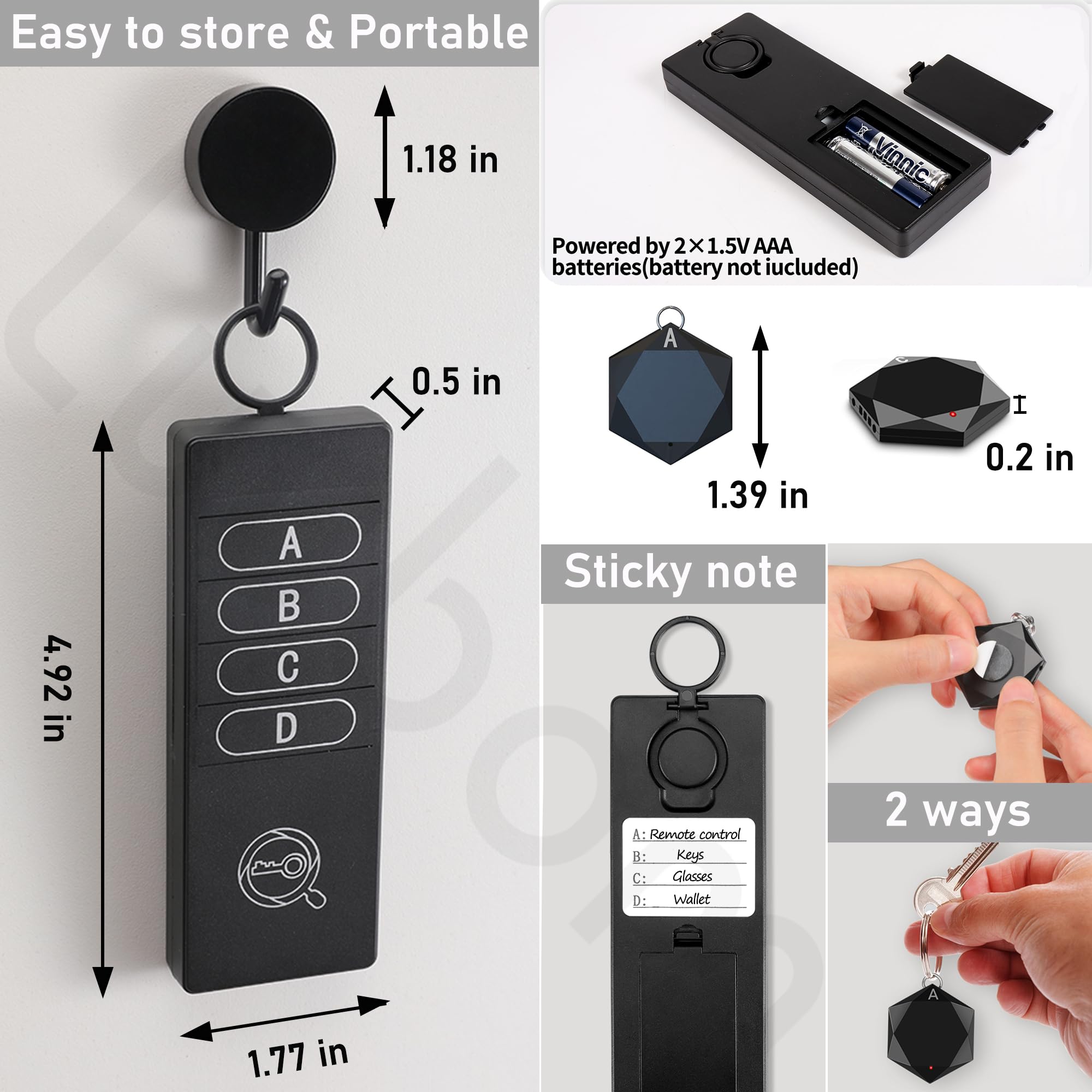 Buscador de llaves 80DB+ dispositivos de seguimiento, etiquetas localizadoras de artículos con 164 pies, localizador inalámbrico para encontrar cartera, teléfono, lentes para mascotas, 1 4