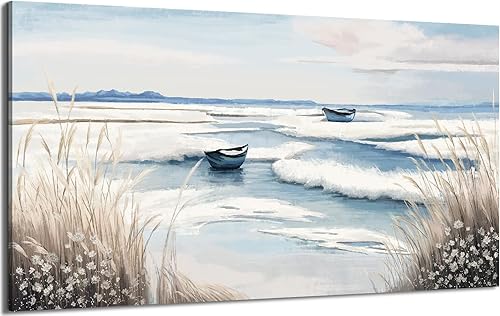 Vista 17 de Arte de pared para baño, decoración costera, barco náutico en la playa, lienzo con imagen de gaviota del océano, paisaje marino, arte de granja