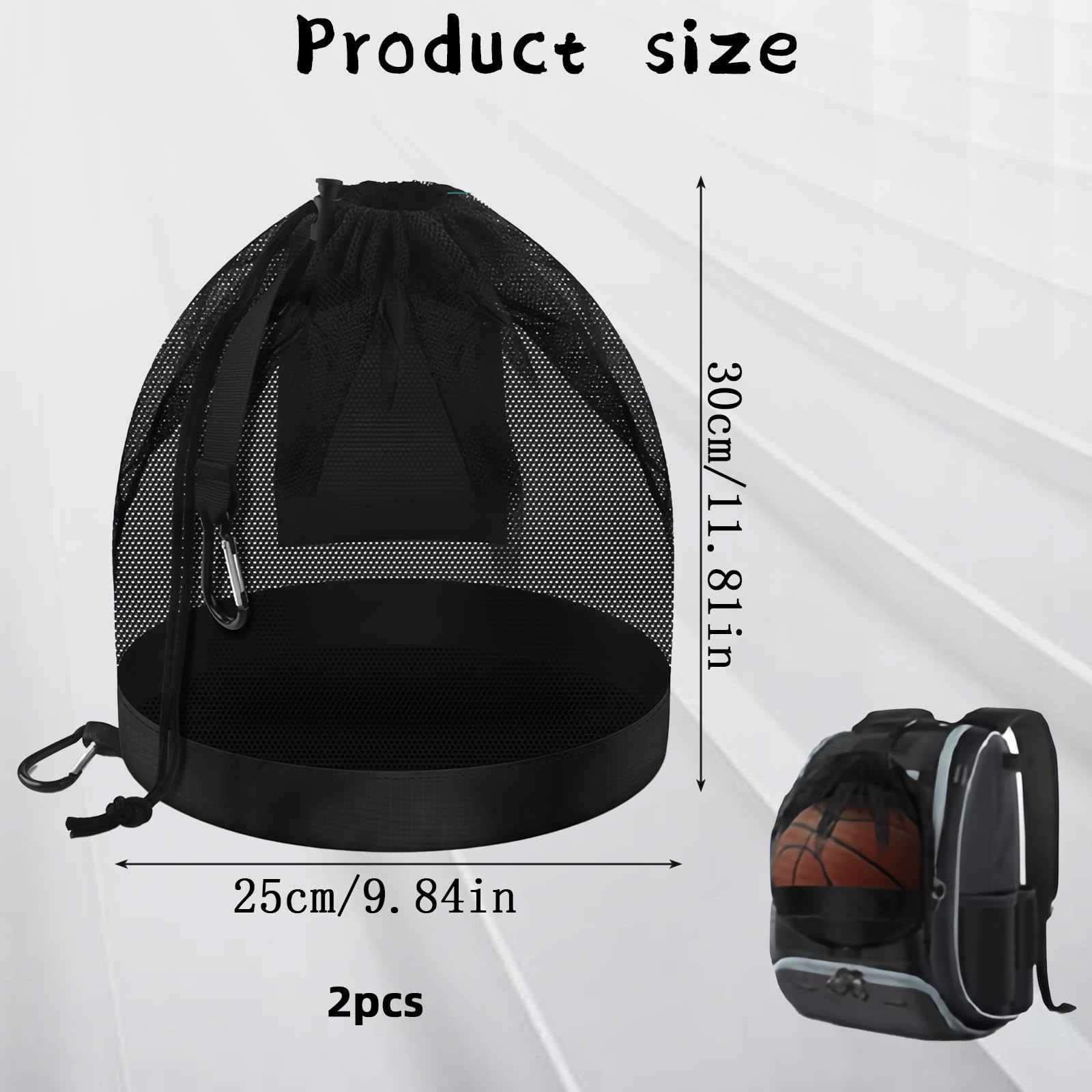 Borsa Porta palloni Zaino Rete Sportiva 2 Pezzi Grande capacità Nero per Basket Calcio pallavolo Tennis con Gancio Portatile Resistente per Palestra Allenamento Viaggio