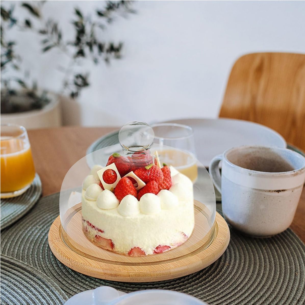 Cúpula de Cristal para Pastel con Bandeja de Bambú | Cubierta Transparente, Forma Abombada, Uso Diario y Celebraciones, Fácil de Limpiar, Reutilizable