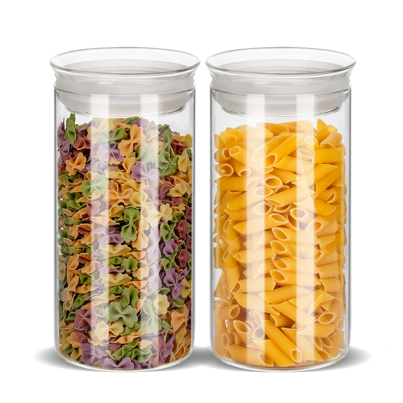 ZENS Juego de 2 tarros de vidrio para almacenamiento de alimentos, 50 onzas de vidrio transparente con tapas herméticas, recipiente grande de azúcar para pasta de despensa de cocina, harina, tarros de