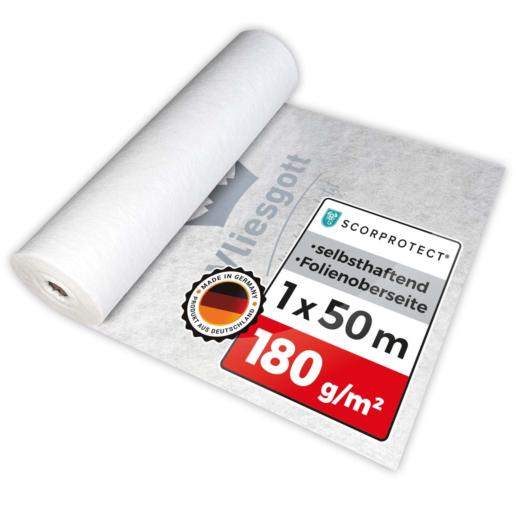 Scorprotect® BSV (bedrucktes) Boden und Treppenschutzvlies Vliesgott selbsthaftend 1 x 50 m 180 g/m² Abdeckvlies rutschhemmend flüssigkeitsdicht für Böden Treppen Laufwege