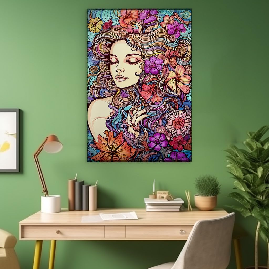 Canvas for Living room. Enchanting Dreamscape in Bloom A Serene Woman Embraced by Nature's Palette, 27 x 18 inch Canvas Wall Art - Ready to Hang - 69x46 cm (27x18 inch)