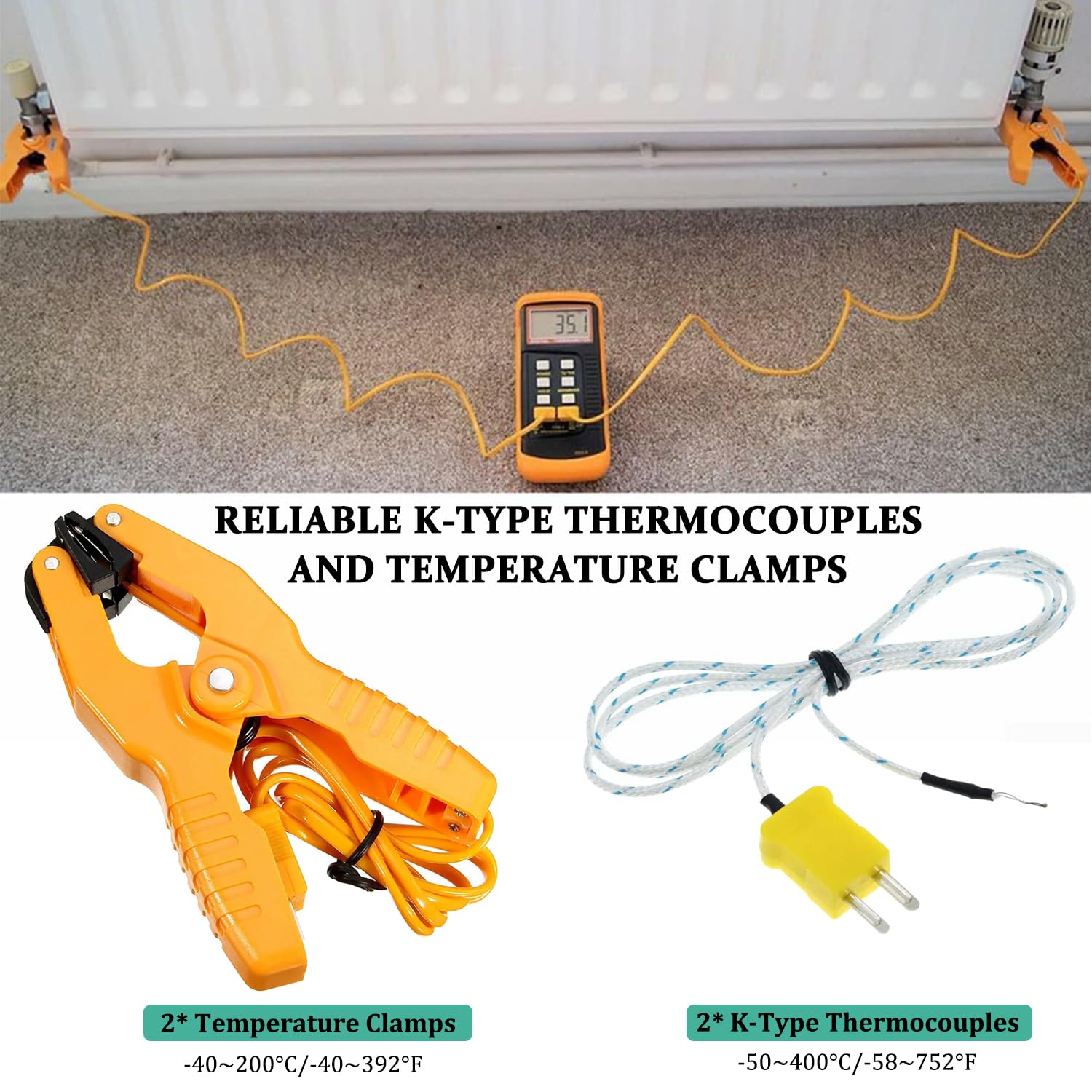 Termómetro de termopar tipo K, probador de termopar de doble canal (-58 ~ 1,300.0 °C) Medidor de escala Kelvin de temperatura de alta precisión con 2 abrazaderas de temperatura y 2 sondas de termopar