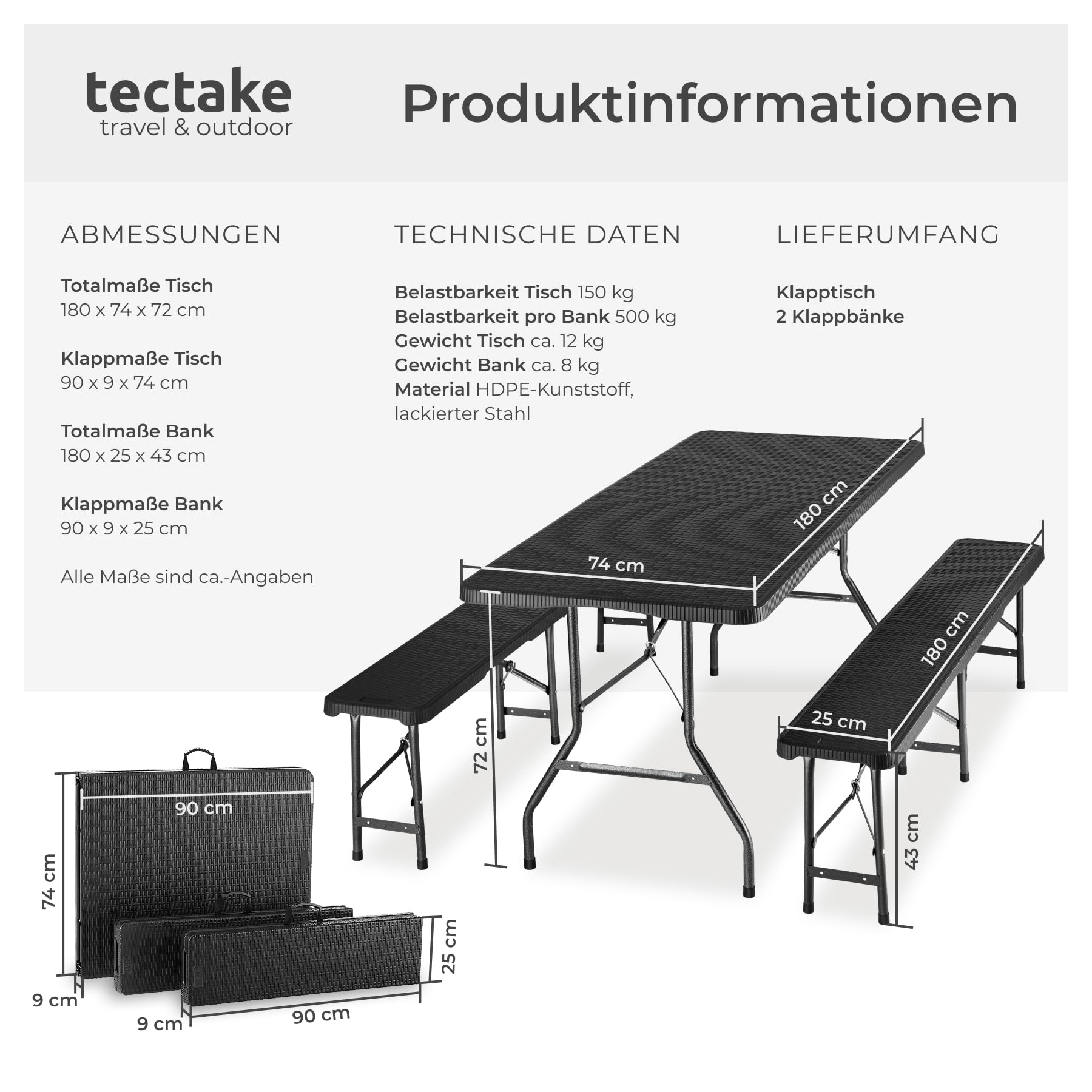 tectake® 3-teiliges Gartenmöbel Set, klappbarer Campingtisch mit 2X Bierbank, Balkonmöbel, Garten oder Terrassentisch Set, Bierzeltgarnitur, mit Tragegriffen, 180cm lang (schwarz) | Hohe Belastbarkeit 500 kg pro Bank, bodenschonende Kunststoffkappen, Trag