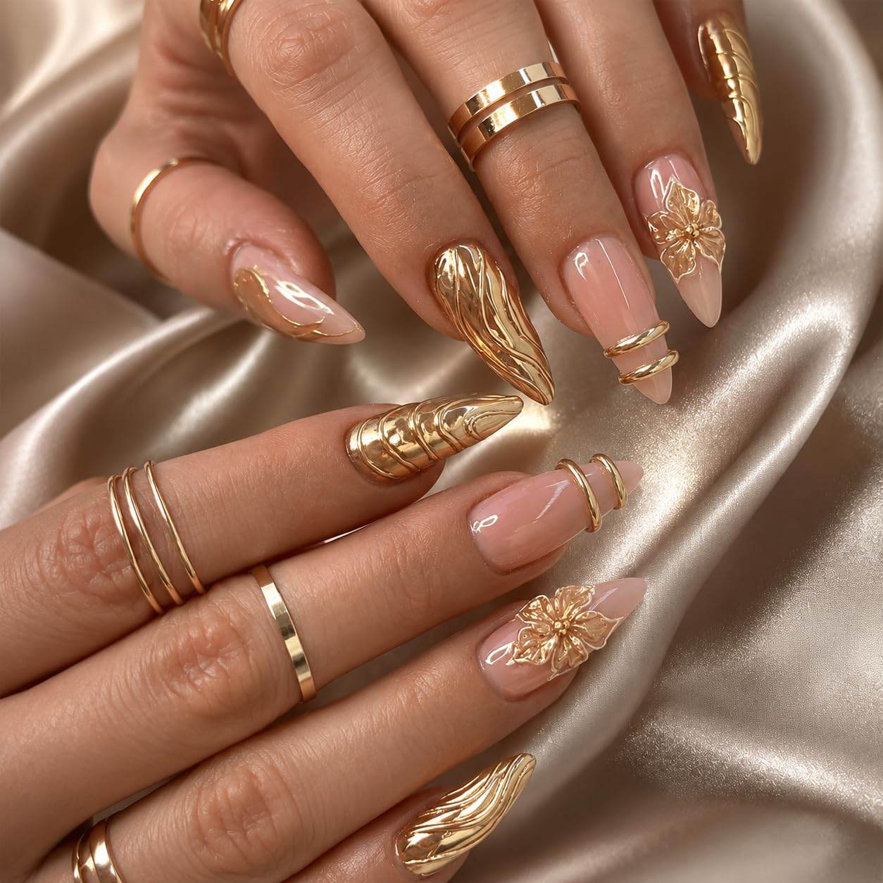Press On Nails French Tip Gilding Flower Medium Fake Nails，Reusable Adhesive 24Pcs Nail Kit For Women Manicure