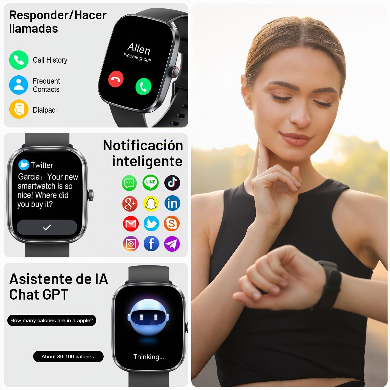 uaue Reloj Inteligente Mujer Hombre, IA Interactiva Smartwatch con Llamadas Bluetooth, 1.91'' HD Smart Watch 110+ Modos Deportivo con ChatGPT, IP68 Monitor Cardíaco/Sueño Pulsera Actividad Android/iOS