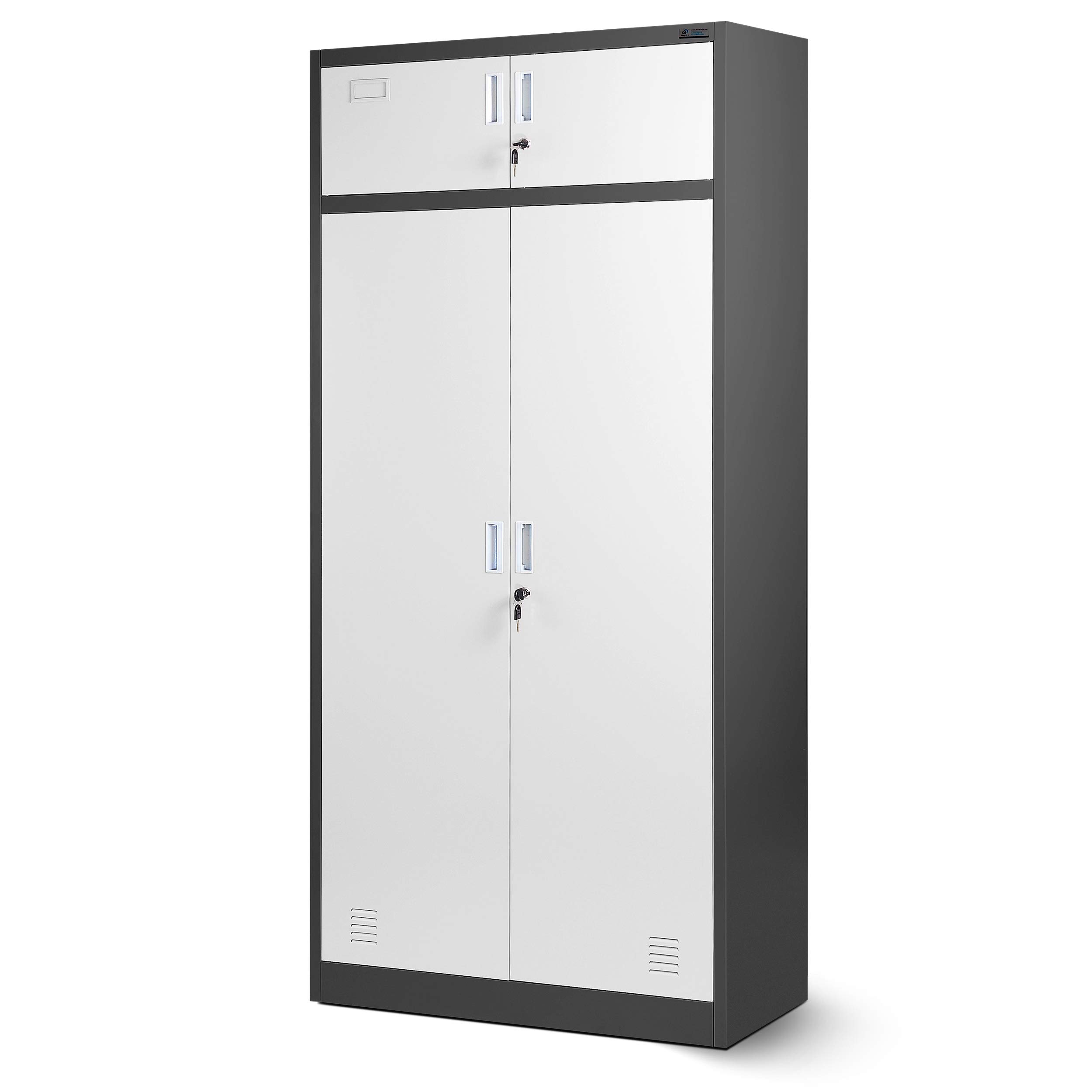 Jan Nowak Aktenschrank, Mehrzweckschrank, Spind Schrank | Geheimfach, 2 Schubladen, 4 Fachböden, Mit Kleiderstange, Spiegel, Pulverbeschichtet, Abschließbar | 185 cm x 90 cm x 50 cm Anhtrazit/Weiß