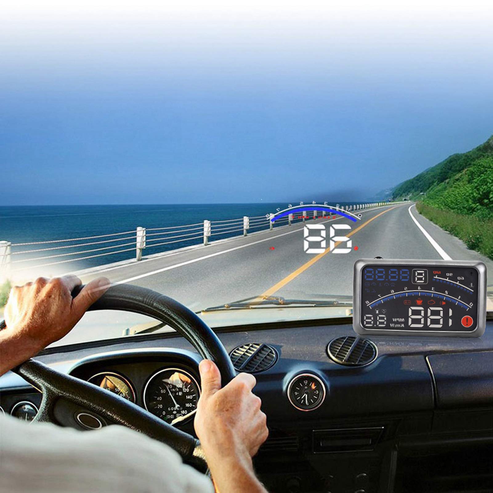 Wyświetlacz Head up, uniwersalny wyświetlacz HUD Head Up MPH/KM/h z prędkością, zegarem cyfrowym, ostrzeżeniem o przekroczeniu prędkości, temperaturą wody, dla wszystkich pojazdów