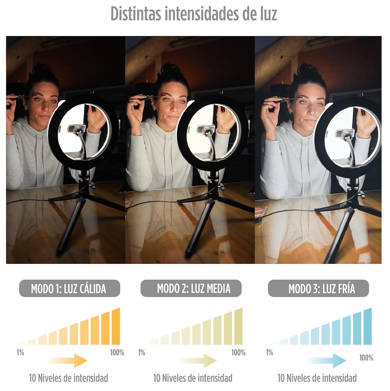 Aro de luz de 26cm de diámetro Led de 9 Colores con Soporte Ajustable Trípode más Anillo de luz RGB, Fotografía, Equipos de Estudio, Anillo de Iluminación, Vídeo (RGB + Tripode + Mini Tripode)