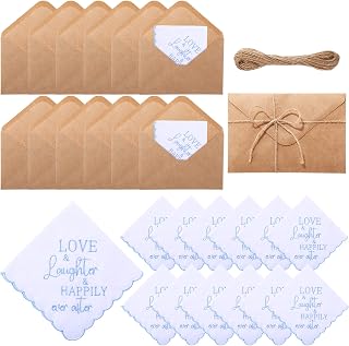 12 Set 12 Inch Wedding Handkerchiefs with Kraft Paper Envelopes Bride Embroidered Handkerchiefs Gifts Something Blue for Guests Cotton Hankies Gifts for Wedding Party Decoration