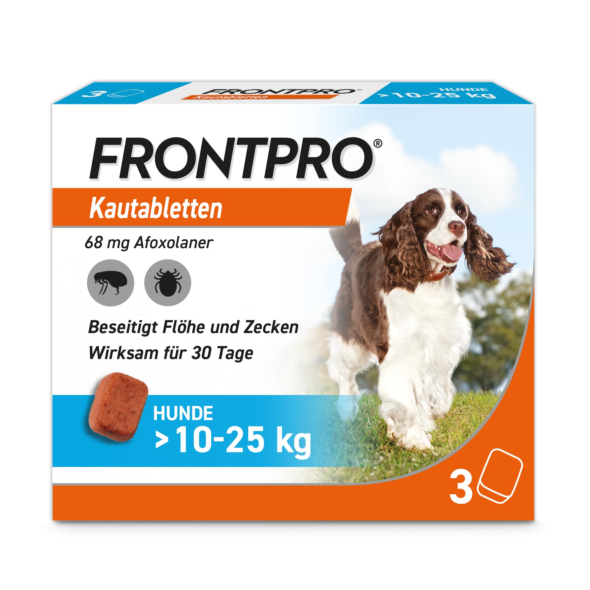 FRONTPRO Hund L - Kautablette gegen Zecken & Flöhe (Hunde 10 bis 25 kg) - 3X Kautabletten für 3 Monate Zecken- und Flohschutz